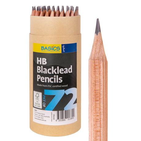 A kraft cardboard tube from the Basics by Zart range, packed with natural-timber HB pencils whose sharpened grey tips poke out the top. The tube carries a black and yellow label. A single sharpened pencil stands upright alongside, showing its pale hexagonal barrel and fine graphite point.