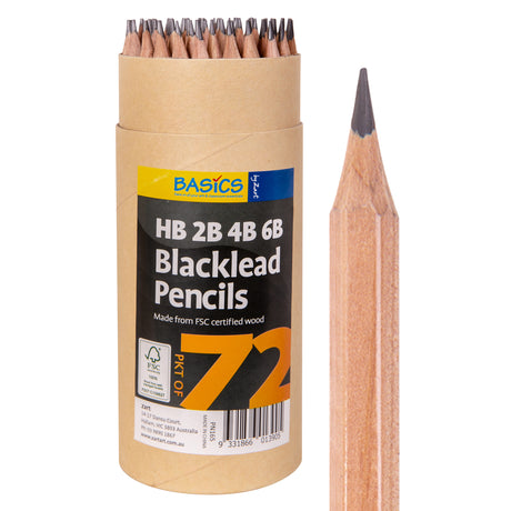 A kraft cardboard tube from the Basics by Zart range, packed with natural-timber pencils whose sharpened grey graphite tips poke out the top. The tube carries a black and yellow label reading "HB 2B 4B 6B Blacklead Pencils." A single sharpened pencil stands upright alongside, showing its pale hexagonal barrel.