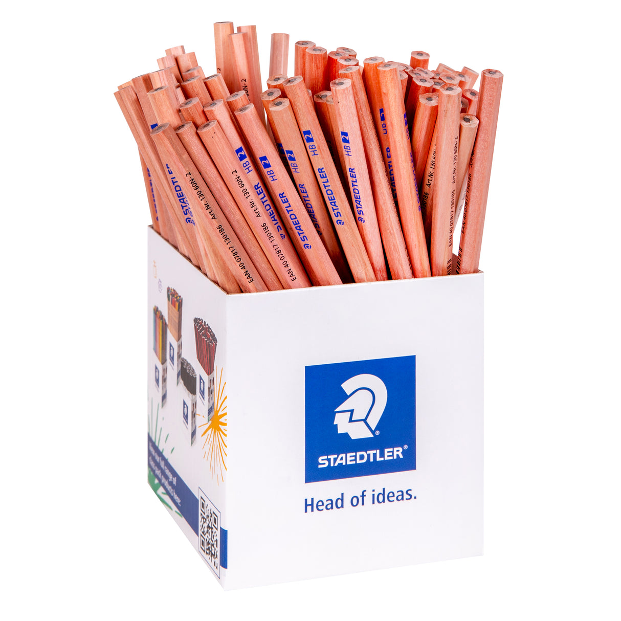 A dense cluster of natural Staedtler HB pencils standing upright, unsharpened, showing the warm wood-toned hexagonal barrels with blue "HB 2" text running along each one. The pencils are tightly bunched, with their flat-cut ends facing upward at a slight angle.
