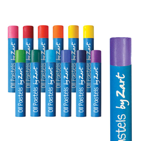 Oil Pastels by Zart in a spectrum of colours including pink, dark red, red, orange, yellow, green, teal, sky blue, indigo, navy and purple. Each pastel has a blue paper wrapper printed with "Oil Pastels by Zart" in white script, with the coloured tip visible at one end.