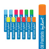 Twelve Oil Pastels by Zart in fluorescent colours, grouped in two staggered rows against a white background. Each stick has a blue paper-wrapped barrel with white script labelling. Colours shown include blue, pink, green, yellow, scarlet, and orange. A single orange pastel is enlarged to the right.