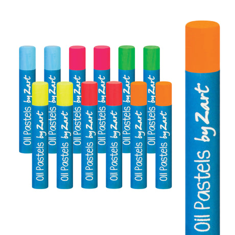 Twelve Oil Pastels by Zart in fluorescent colours, grouped in two staggered rows against a white background. Each stick has a blue paper-wrapped barrel with white script labelling. Colours shown include blue, pink, green, yellow, scarlet, and orange. A single orange pastel is enlarged to the right.