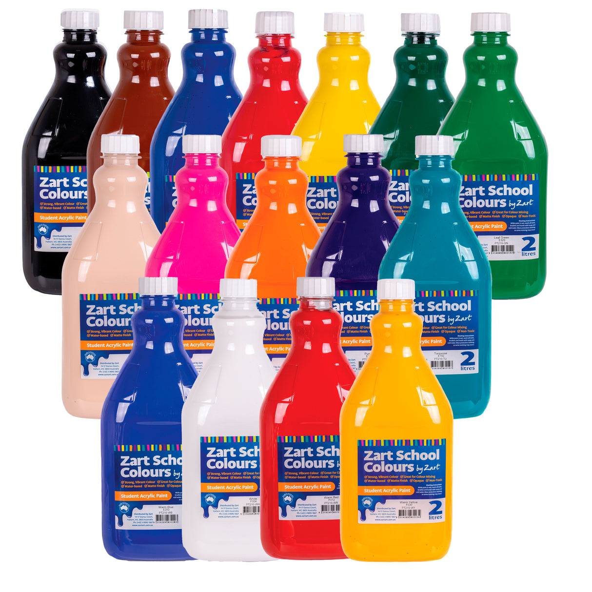 Zart School Colours Acrylic Paint 2L Pack of 16 - Zart