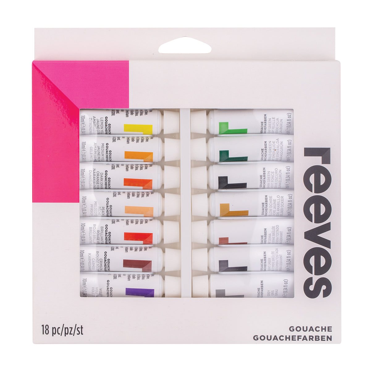 Reeves Gouache 18-piece paint set displayed in white packaging with a bright pink corner panel and clear window revealing neatly arranged 10ml paint tubes. Visible tube colours include yellow, orange, red, green, blue, purple and black. Packaging text includes “Reeves”, “18 pc/pz/st” and “GOUACHE”.
