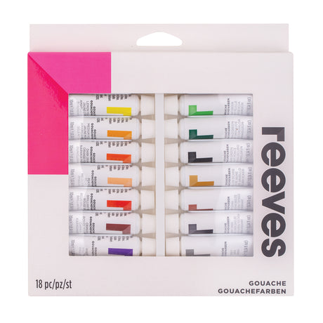 Reeves Gouache 18-piece paint set displayed in white packaging with a bright pink corner panel and clear window revealing neatly arranged 10ml paint tubes. Visible tube colours include yellow, orange, red, green, blue, purple and black. Packaging text includes “Reeves”, “18 pc/pz/st” and “GOUACHE”.