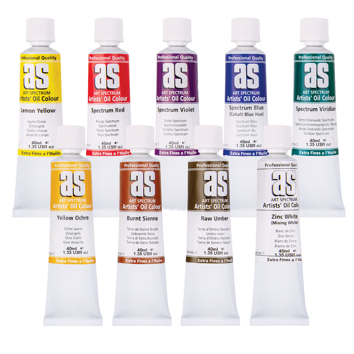 Nine Art Spectrum Artists Oil Colour paint tubes arranged in two rows on a white background. Visible colours include Lemon Yellow, Spectrum Red, Spectrum Violet, Spectrum Blue (Cobalt Blue Hue), Spectrum Viridian, Yellow Ochre, Burnt Sienna, Raw Umber, and Zinc White (Mixing White). Each tube is labelled Art Spectrum Artists Oil Colour.