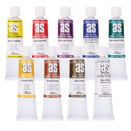 Nine Art Spectrum Artists Oil Colour paint tubes arranged in two rows on a white background. Visible colours include Lemon Yellow, Spectrum Red, Spectrum Violet, Spectrum Blue (Cobalt Blue Hue), Spectrum Viridian, Yellow Ochre, Burnt Sienna, Raw Umber, and Zinc White (Mixing White). Each tube is labelled Art Spectrum Artists Oil Colour.
