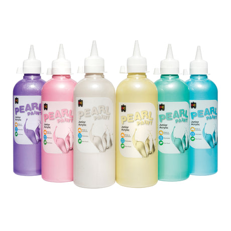 Six bottles of EC Pearl Paint arranged in a staggered row against a white background, each with a pointed twist-top nozzle cap. The pearlescent paints inside show a shimmering range of purple, pink, white, pale yellow, mint green and aqua blue through the clear bottles.