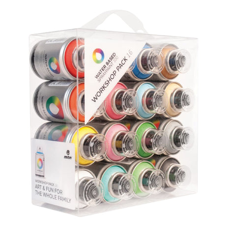 Clear plastic carry case containing multiple 100ml spray paint cans arranged in rows. Label reads “WATER BASED SPRAYPAINT 100” and “WORKSHOP PACK 16”. Front panel shows “WORKSHOP PACK 16 ART & FUN FOR THE WHOLE FAMILY” with the mtn logo.