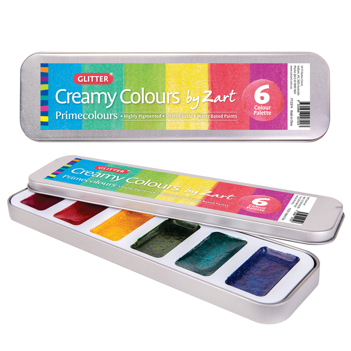 Product image of Creamy Colours Watercolours by Zart Glitter, showing a silver metal tin closed and partially open to reveal six glitter watercolour pans. Packaging displays the product name, brand and “6 Colour Palette”. Colours include pink, red, yellow, green, teal and blue.
