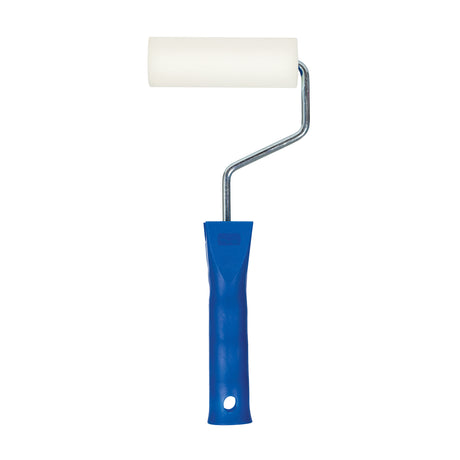 Foam paint roller with a smooth white cylindrical foam head attached to a bent metal arm and a blue plastic handle. The foam surface appears soft and even, ideal for creating consistent paint coverage. The handle has a slightly matte texture for a comfortable grip.
