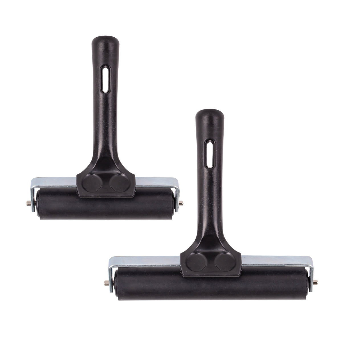 Two hard rubber rollers displayed side by side on a light grey background, featuring black cylindrical rollers mounted on metal frames. Each tool has a smooth black plastic handle with an oval hanging hole, showing subtle surface sheen and sturdy construction.