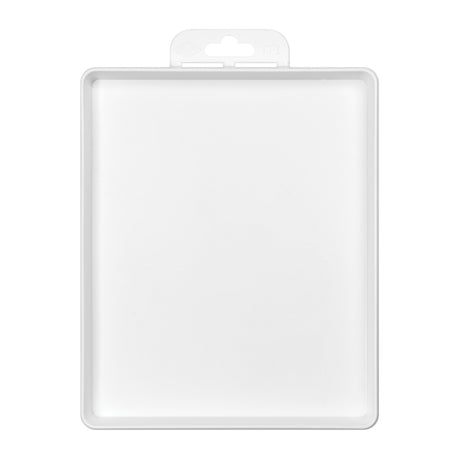 White plastic ink tray shown from above with a rectangular shape and raised edges, featuring a shallow recessed base and smooth matte surface. A small hanging tab is visible at the top, and the clean, minimal form emphasises its flat, even interior.