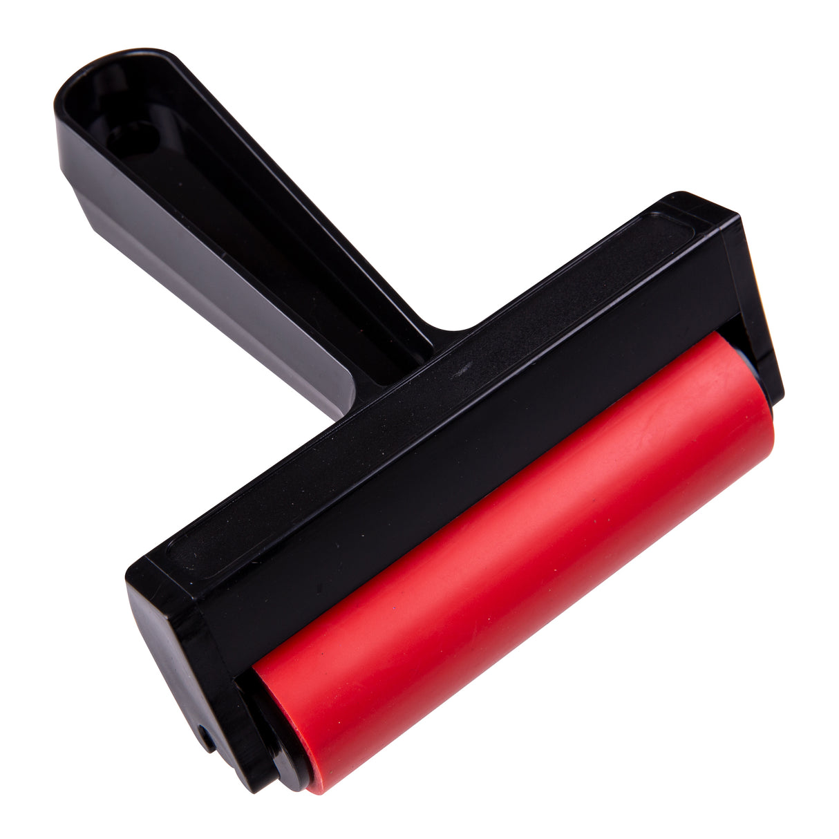 EasyClean Rubber Roller by Zart shown at an angle on a white background. The tool features a sturdy black plastic handle and frame with a smooth red rubber roller. The ergonomic grip and wide roller surface are designed for even ink or paint application.