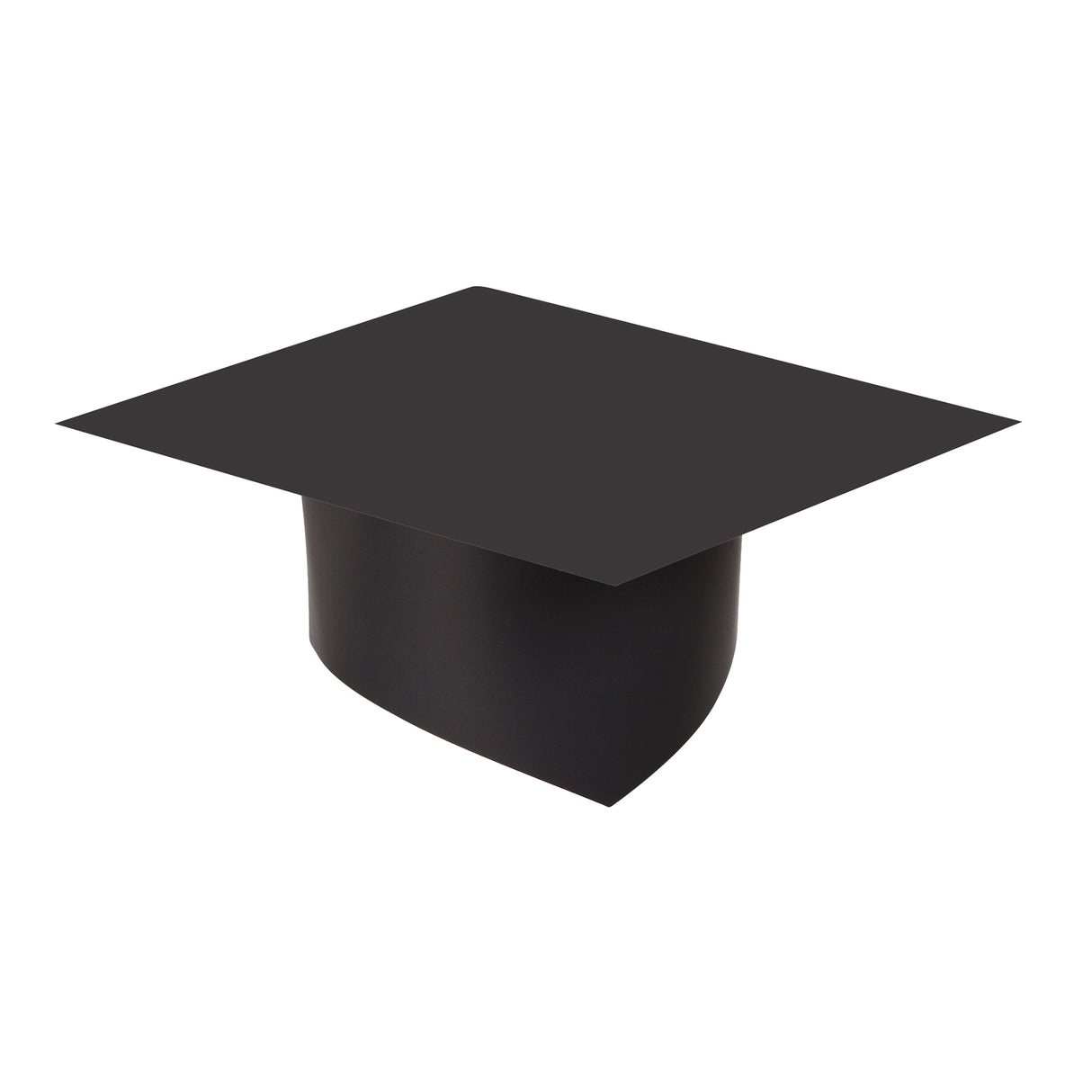 A plain black Scratch Graduation Hat, fully assembled, showing the classic mortarboard shape — a flat square board sitting on a rounded head-band base. The matte black surface is smooth and undecorated, photographed at an angle against a plain white background.