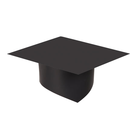 A plain black Scratch Graduation Hat, fully assembled, showing the classic mortarboard shape — a flat square board sitting on a rounded head-band base. The matte black surface is smooth and undecorated, photographed at an angle against a plain white background.