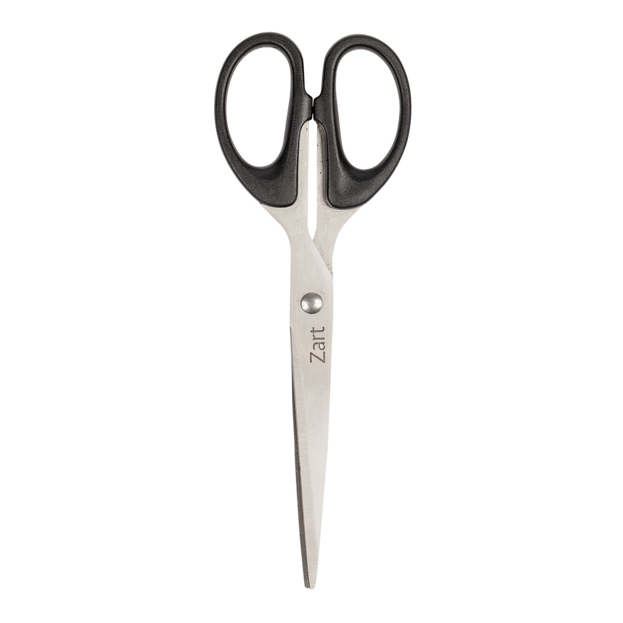 Pair of stainless steel scissors with black handles, shown closed against a white background. The blade is engraved with the brand name Zart.