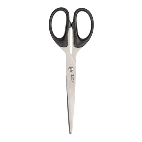 Pair of stainless steel scissors with black handles, shown closed against a white background. The blade is engraved with the brand name Zart.