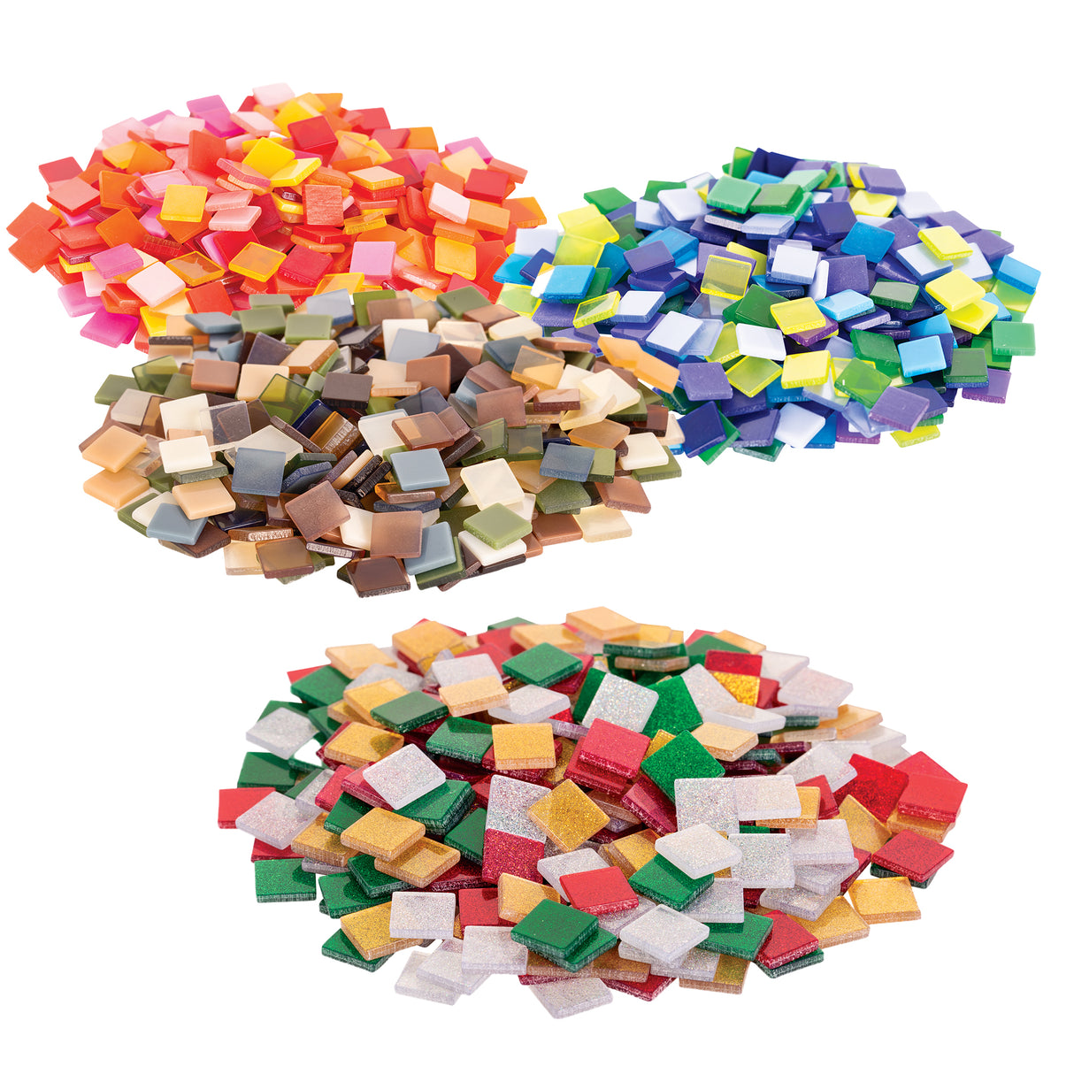 Four separate heaps of Zart Deco mosaic tiles, each a small glossy square. The groupings show a warm mix of reds, oranges, pinks and yellows; a cool mix of blues, greens and purples; earthy browns, creams and greys; and a sparkling gold, silver, red and green glitter set.
