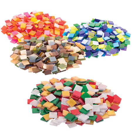 Four separate heaps of Zart Deco mosaic tiles, each a small glossy square. The groupings show a warm mix of reds, oranges, pinks and yellows; a cool mix of blues, greens and purples; earthy browns, creams and greys; and a sparkling gold, silver, red and green glitter set.