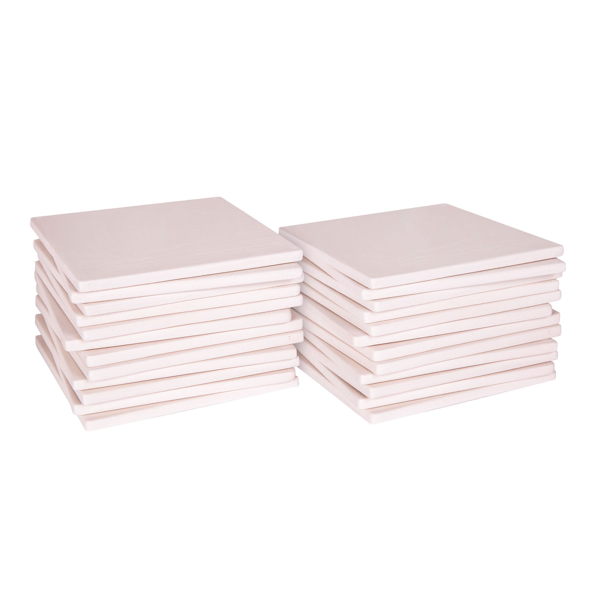 Ceramic Bisque Tile 15.24cm (6") shown as two neat stacks of square white bisque tiles on a plain background. Each tile has a smooth surface with slightly rounded edges, ready for decorating. The stacks display the flat, even thickness and clean square format of the tiles.