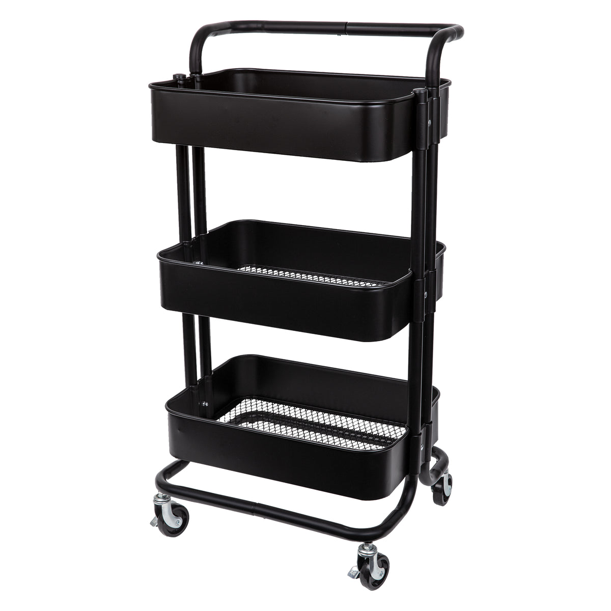 A three-tier black steel Art and Craft Trolley with open rectangular baskets, the lower two featuring mesh bases. A curved black push handle sits at the top, and the frame rests on four swivel castors, two with locking brakes for stability and easy mobility.