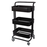 A three-tier black steel Art and Craft Trolley with open rectangular baskets, the lower two featuring mesh bases. A curved black push handle sits at the top, and the frame rests on four swivel castors, two with locking brakes for stability and easy mobility.