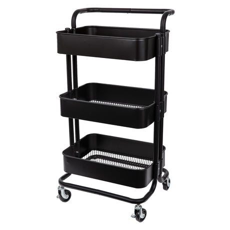 A three-tier black steel Art and Craft Trolley with open rectangular baskets, the lower two featuring mesh bases. A curved black push handle sits at the top, and the frame rests on four swivel castors, two with locking brakes for stability and easy mobility.