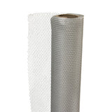 Roll of Flex-it Mesh (Medium) aluminium mesh with a fine diamond weave, silvery and reflective. The mesh unrolls smoothly from a cardboard core, showing crisp, repeating lattice texture with a lightweight, slightly springy structure against a clean white background.