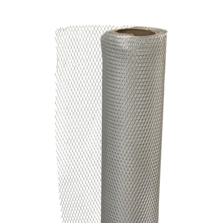 Roll of Flex-it Mesh (Medium) aluminium mesh with a fine diamond weave, silvery and reflective. The mesh unrolls smoothly from a cardboard core, showing crisp, repeating lattice texture with a lightweight, slightly springy structure against a clean white background.