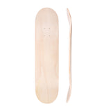 Blank skateboard deck shown front-on and side-on on a white background, displaying the natural plywood surface, drilled mounting holes, and curved profile.