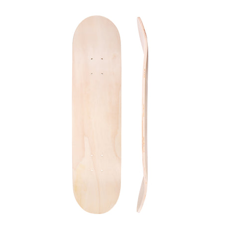 Blank skateboard deck shown front-on and side-on on a white background, displaying the natural plywood surface, drilled mounting holes, and curved profile.