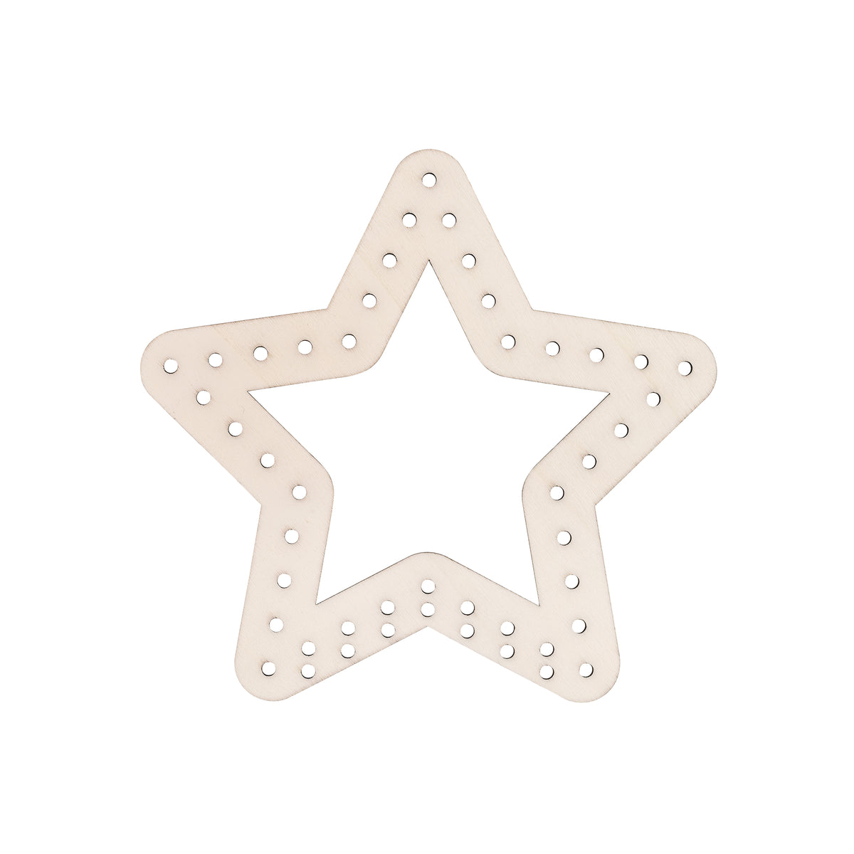 A single Zart Wooden Weaving Star, an open five-pointed star cut from pale plywood with a rounded outline. Small pre-drilled holes run evenly around the inner and outer edges of each point, ready for threading wool, string or yarn across the open centre.