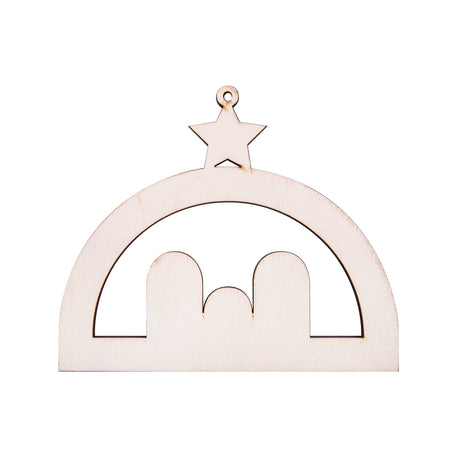 The plain wooden shape of a Zart Wooden Nativity Hanger, laser-cut in natural unpainted plywood. An arched stable silhouette with a star and hanging hole above, and cut-out figures of Mary, Joseph and baby Jesus visible as negative space within the open centre.