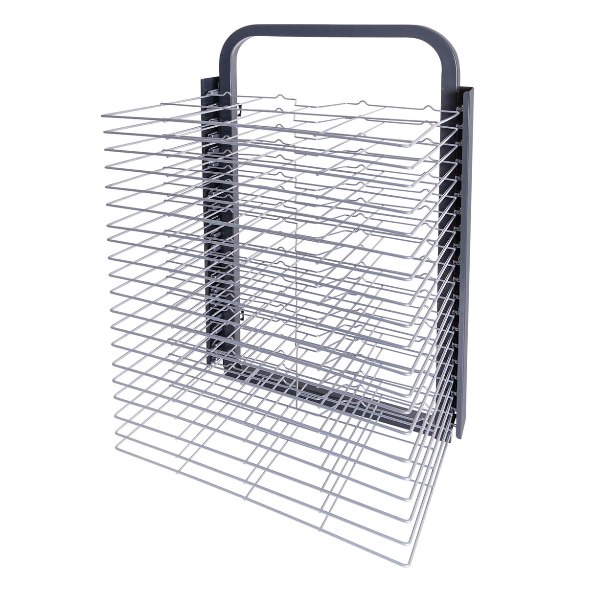 Freestanding metal drying rack with multiple horizontal wire shelves arranged vertically. The rack has a sturdy rectangular frame with a built-in carry handle at the top, designed to hold artworks flat while drying on a white background.
