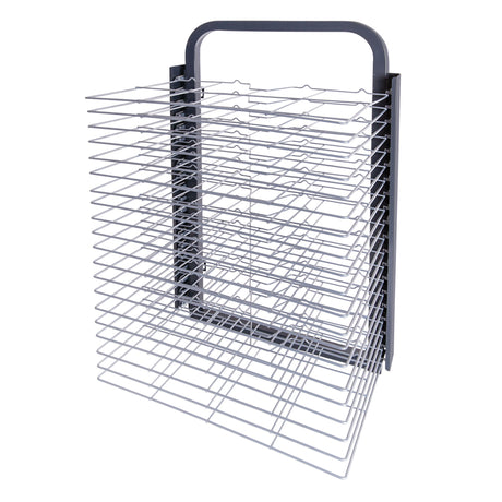 Freestanding metal drying rack with multiple horizontal wire shelves arranged vertically. The rack has a sturdy rectangular frame with a built-in carry handle at the top, designed to hold artworks flat while drying on a white background.