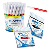 Giotto Turbo Maxi felt-tip markers shown as a full set: a round tub of 48 assorted colours with white caps, a single capped red marker laid horizontally to the upper right, and two open flip-top boxes of 12 standing below, one holding black-barrelled markers, the other red-barrelled markers.