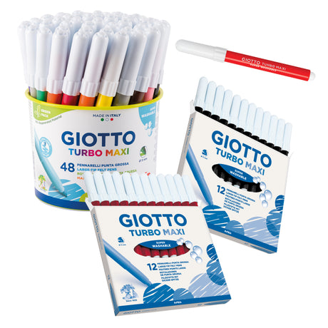 Giotto Turbo Maxi felt-tip markers shown as a full set: a round tub of 48 assorted colours with white caps, a single capped red marker laid horizontally to the upper right, and two open flip-top boxes of 12 standing below, one holding black-barrelled markers, the other red-barrelled markers.