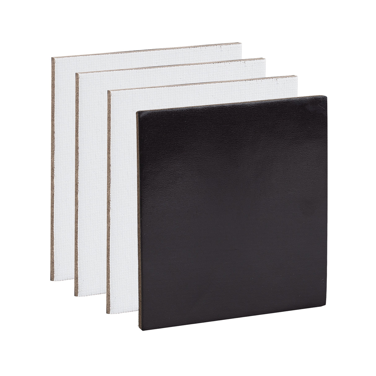 A stack of four Zart Canvas Square Magnetic Boards, showing three blank white canvas fronts with a visible woven texture, and one board flipped to reveal its smooth black magnetic back. Each board has a natural wood-toned edge, ready for painting or magnetic display.