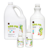 EC Kids PVA Washable Adhesive shown in four sizes  a 5 litre jug with handle, a 2 litre bottle, a 250ml squeeze bottle, and a 125ml bottle  all in white with lime green label typography. Labelled acid free, non-toxic, washable, and made in Australia. Suitable for ages 3+.