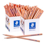Two Staedtler natural graphite pencils crossed at the front, one marked HB and one marked 2B, both with a natural unpainted wood finish and sharpened, pointed tips. Two stacks of further pencils stand upright behind them, packed closely together in a fan-like spread.