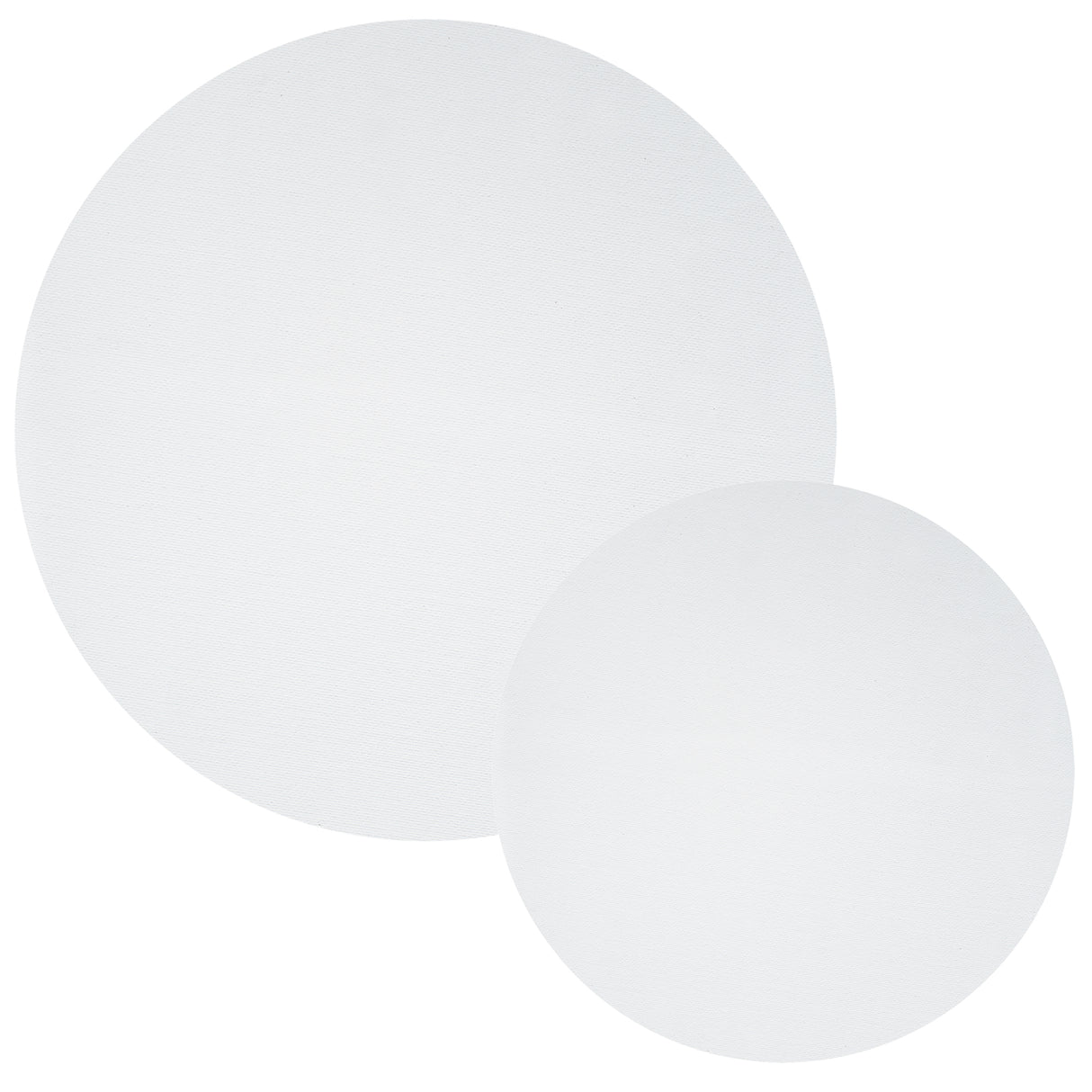 Two round Canvas Boards overlapping on a white background, showing the blank white primed surface in two sizes. The visible woven canvas texture covers each circular board evenly, with the smaller board positioned lower right against the larger board's edge.
