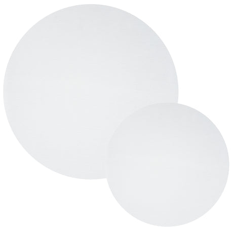 Two round Canvas Boards overlapping on a white background, showing the blank white primed surface in two sizes. The visible woven canvas texture covers each circular board evenly, with the smaller board positioned lower right against the larger board's edge.