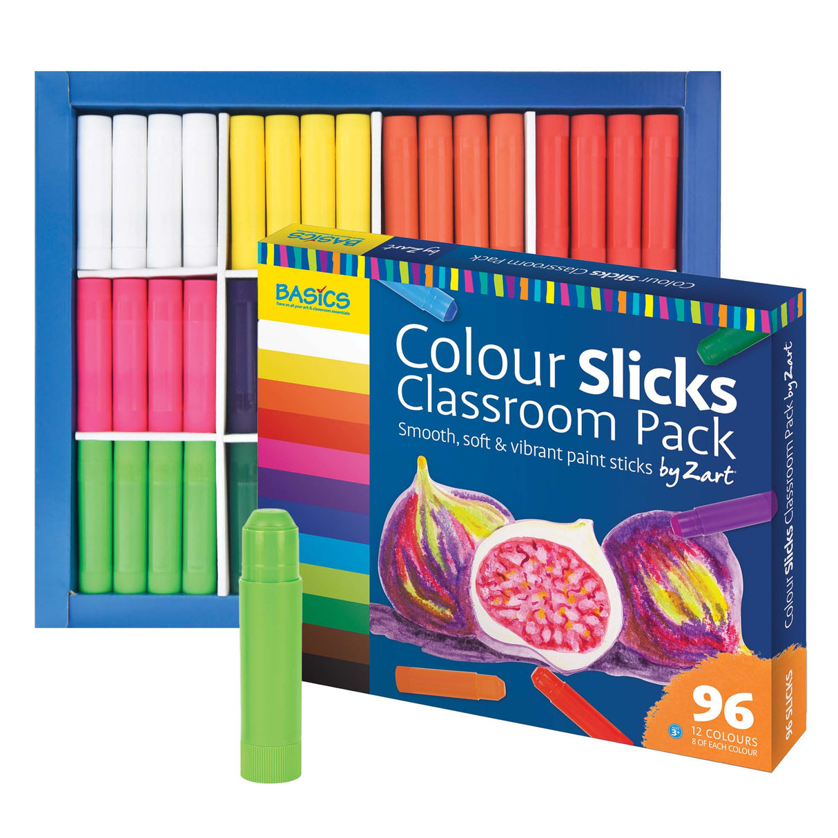 Zart Colour Slicks Classroom Pack displayed with open tray of 96 paint sticks in assorted colours and the product box in front. The packaging reads “Colour Slicks Classroom Pack – Smooth, soft & vibrant paint sticks by Zart” and shows colourful fruit artwork.