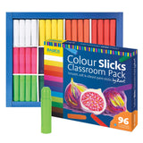 Zart Colour Slicks Classroom Pack displayed with open tray of 96 paint sticks in assorted colours and the product box in front. The packaging reads “Colour Slicks Classroom Pack – Smooth, soft & vibrant paint sticks by Zart” and shows colourful fruit artwork.