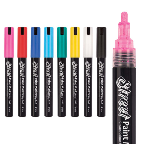 Set of Zart Street Paint Markers in eight assorted colours, arranged in a row. One pink marker is shown uncapped on the right to display the textured 4mm bullet nib.