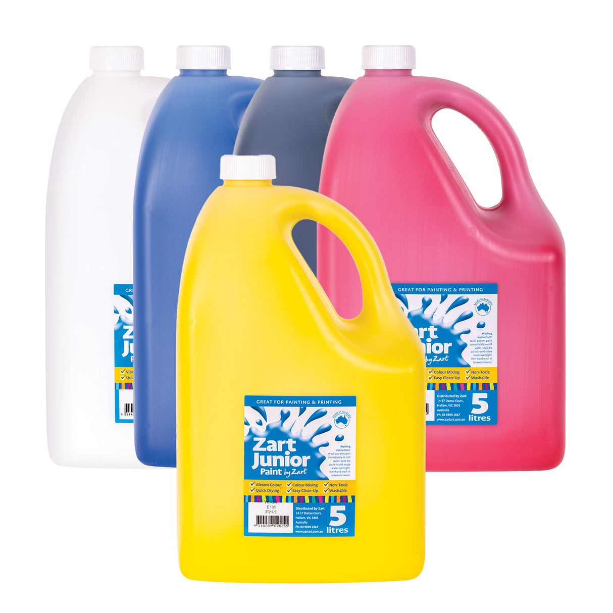 Five Zart Junior Paint 5 litre containers arranged in a group against a white background, in white, blue, dark grey, yellow, and pink-red. Each large plastic jug has a white screw cap and handle, with a colourful "Zart Junior Paint by Zart" label reading "Great for Painting & Printing."