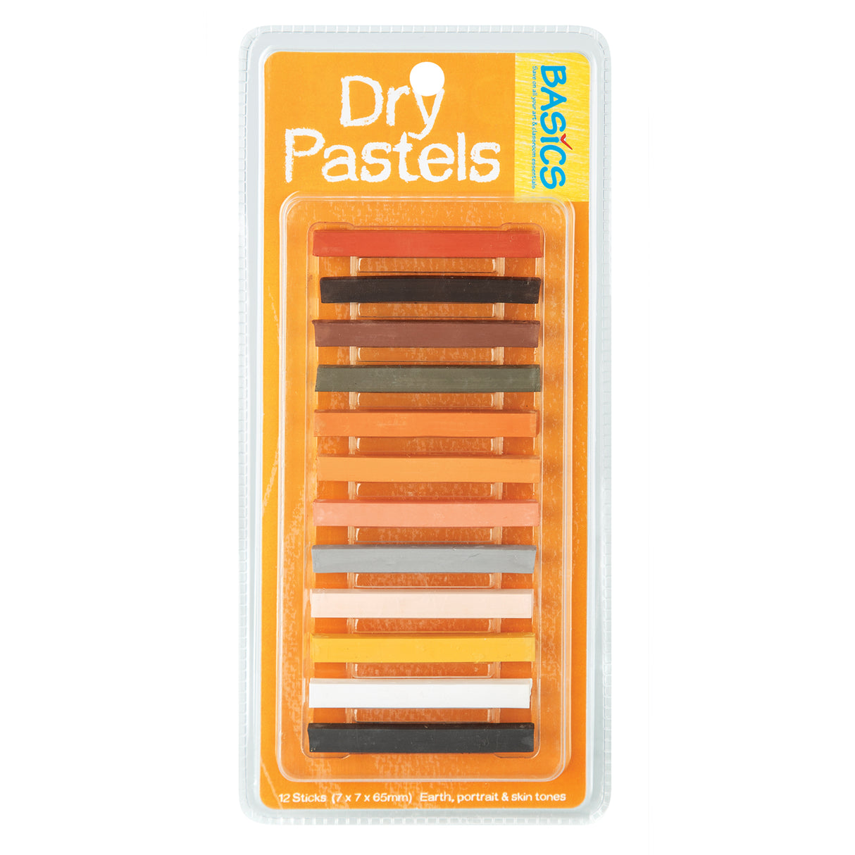 Front view of a blister-pack tray containing twelve rectangular dry pastel sticks arranged vertically in earth, portrait, and skin tones. The packaging header reads Dry Pastels with a vertical BASICS label on a yellow strip. The pastels range from light cream and peach to deeper browns and black.