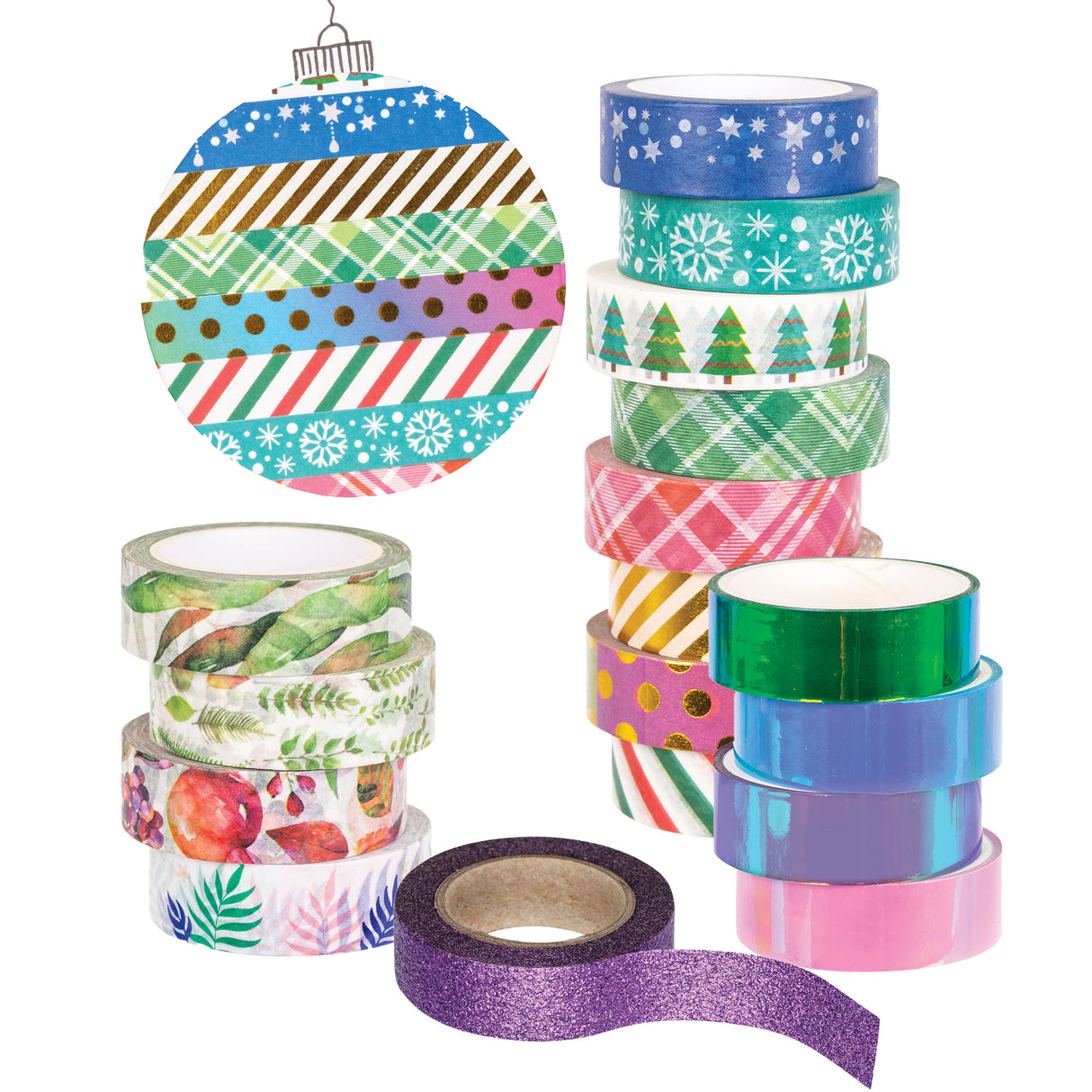 A round bauble-shaped sample made from strips of Zart Washi Tape in stars, snowflake, plaid, polka dot, and candy-cane stripe Christmas patterns, hung by a wire hook. Beside it, a stacked column of coordinating washi tape rolls in festive prints, foil trees, and glossy holographic colours.