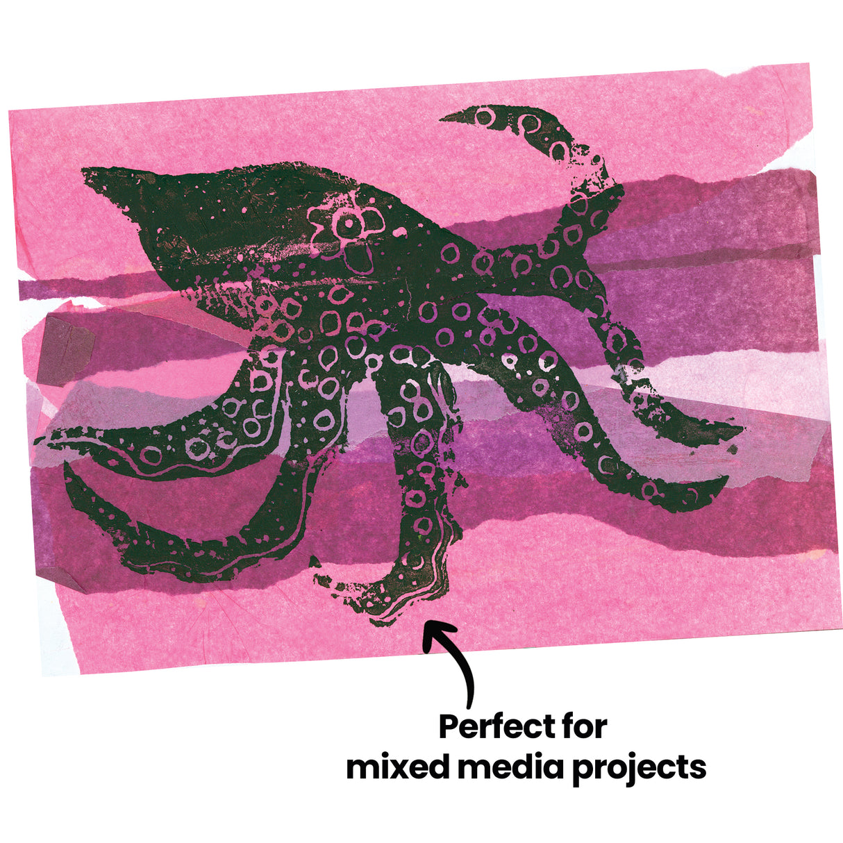 Print foam artwork of a black octopus with circular pattern details across its tentacles, printed over a pink and purple painted background. Annotated text reads “Perfect for mixed media projects” with an arrow pointing to the artwork. The image shows a layered print and collage effect.